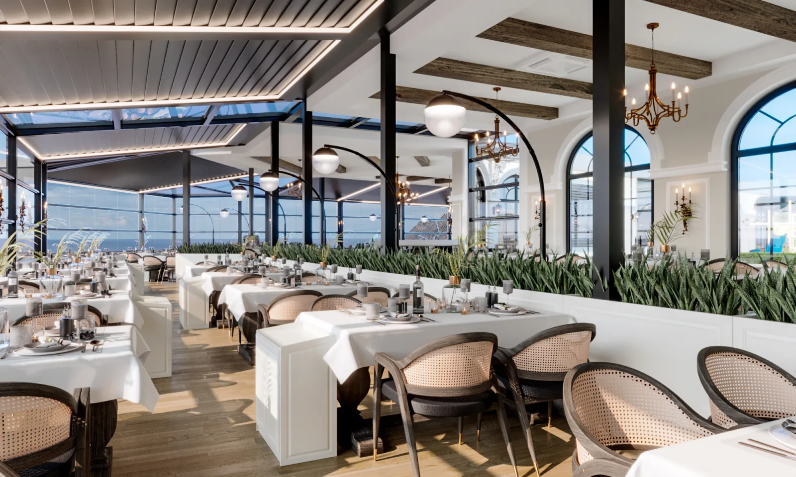 Gazipaşa Horizon restoranının mermer zeminli ferah lounge alanı